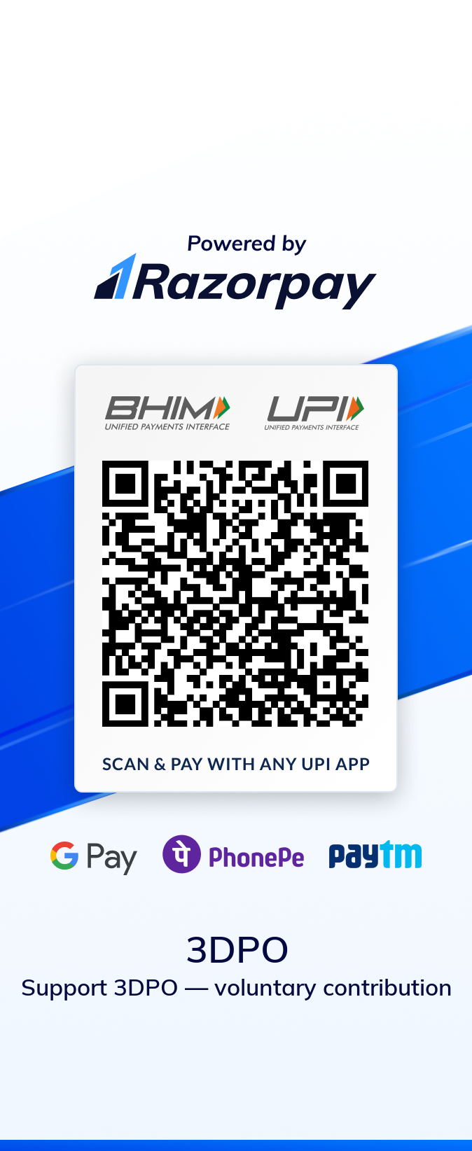 Razorpay-managed UPI QR code for 3DPO